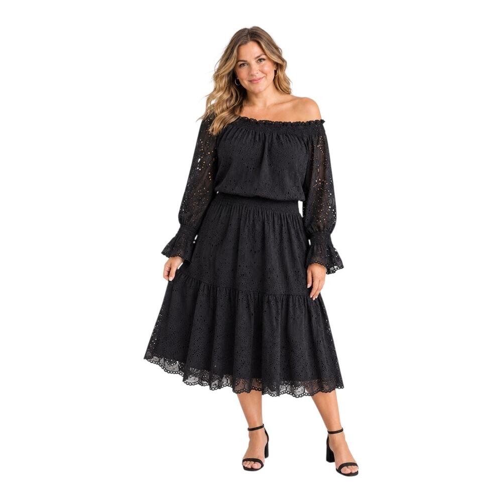 CHICO'S 2 Women's L Midi Eyelet Dress Smocked On or Off Shoulder Black Long Slv